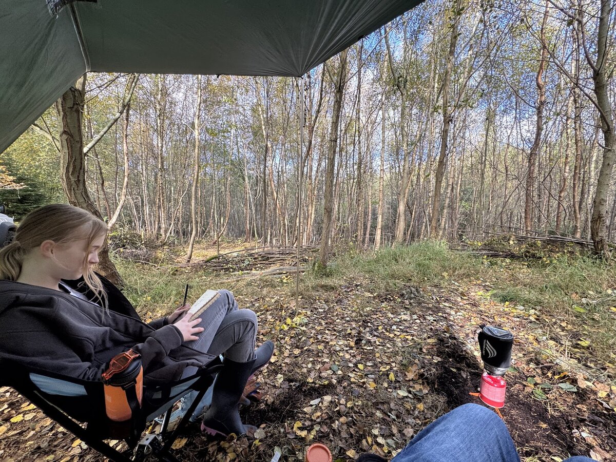 A peaceful campsite in a dense forest during autumn, with someone sketching under a green tarp shelter while another person's legs are visible, with a camping stove set up nearby